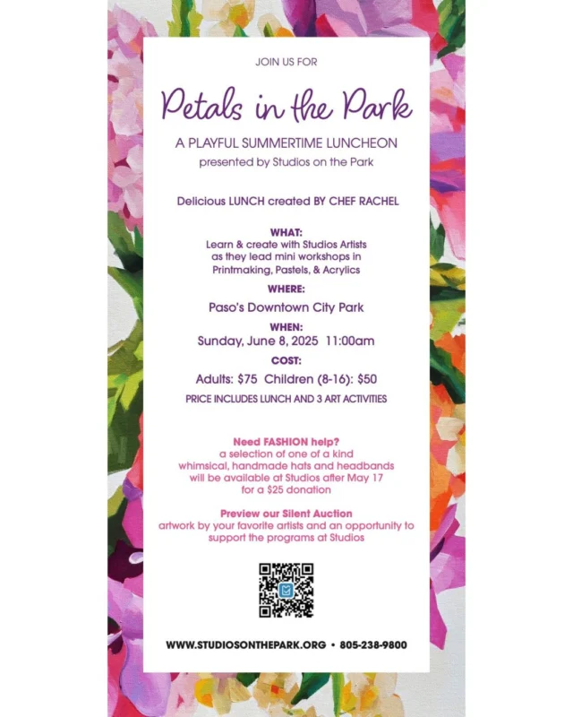 You're invited to join us for Petals in the Park, a playful summertime luncheon hosted in the park across from Studios ✨💌

Surround yourself with whimsical decorations, creative inspiration, and community as our resident artists lead mini workshops in printmaking, pastels, and acrylics. You'll get to create and take home your own artistic treasures! Plus, enjoy a delicious lunch catered by Chef Rachel.

🗓️ Sunday, June 8 at 11am
🎟️ Adults: $75 | Children (8-16): $50
📍 Paso Robles Downtown City Park

Create with us & celebrate the season. Reserve your spot today by scanning the QR code or clicking the link in our bio! 🌷
https://www.simpletix.com/e/petals-in-the-park-tickets-213231